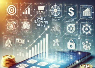 Mobile phone showing daily earning apps with icons for surveys, games, and rewards. Floating coins and currency symbols highlight financial growth. Subtle graphs in the background symbolize increasing earnings